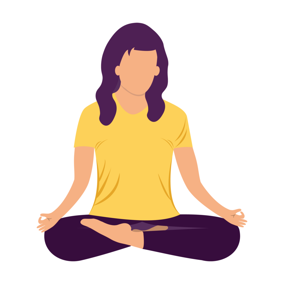 Woman doing yoga in a sitting position flat illustration PNG. A woman wearing a yellow T-shirt doing yoga. Flat illustration of a woman in a yoga position. Transparent background. png