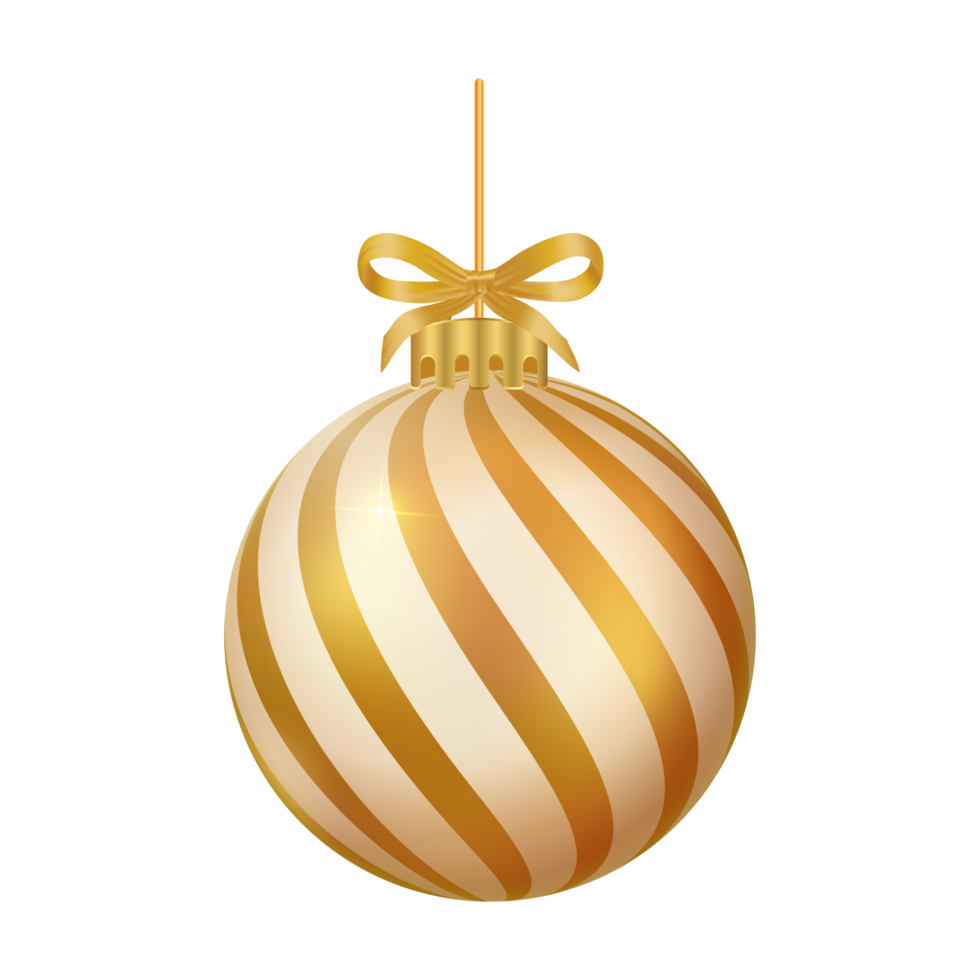 Christmas tree decoration elements with golden color ribbon. 3D ball PNG with snowflake and stirp art. Realistic 3D ball design PNG for Christmas tree decoration.