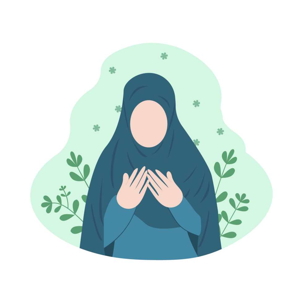 Muslim woman praying flat illustration. Muslim girl wearing a blue hijab and praying flat design with green background. Islamic flat illustration of a Muslim girl praying. Girl praying in a garden PNG