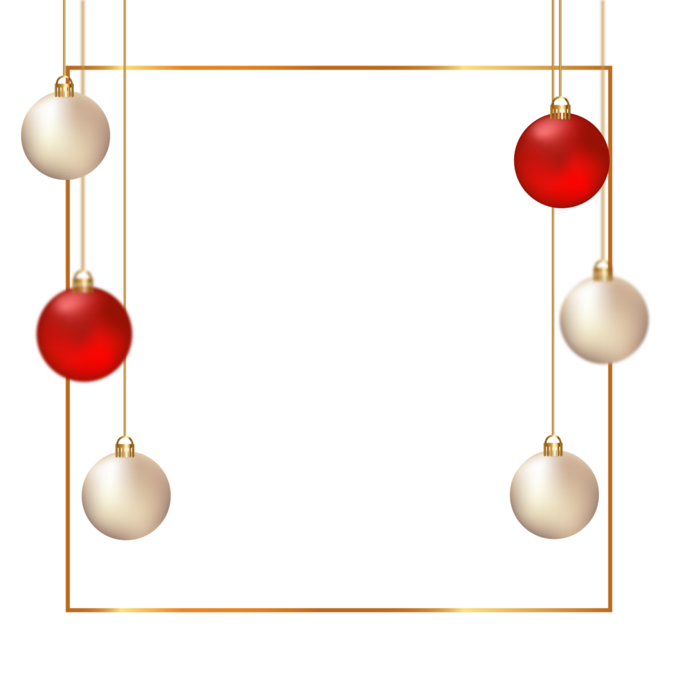 Christmas photo frame on a transparent background and red decoration balls. 3D ball design with multiple colors on a transparent background. 3D realistic ball design with calligraphy PNG. png