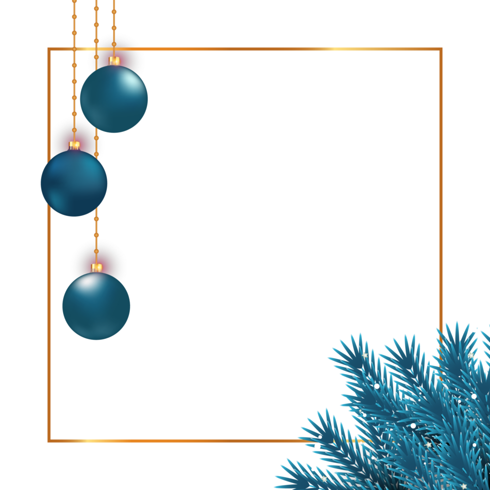 Christmas photo frame PNG elements on a transparent background. Photo frame with blue leaf and decoration balls. Holiday photo frame PNG with snowflakes, blue balls, and pine leaves.