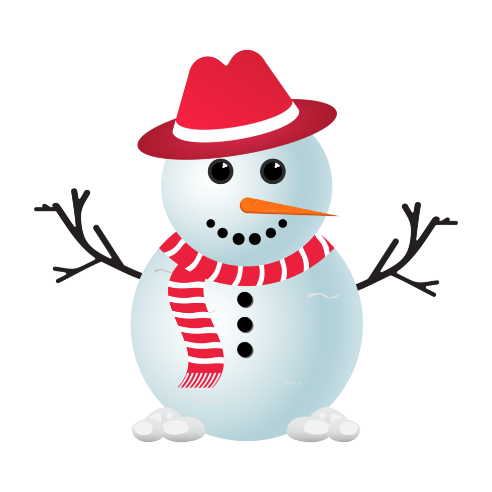 Christmas Snowman PNG with a red hat. Transparent background with a snowman. A Snowman with a red scarf. Christmas element design with tree branches, a red hat, carrot nose, snowballs, and snowflakes.