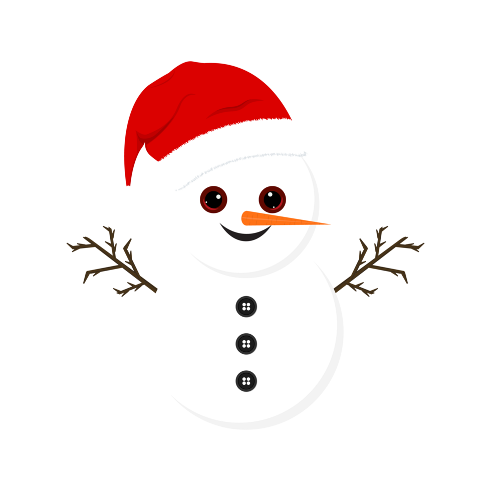 Christmas snowman PNG with cute eyes and carrot nose. Snowman on a transparent background. Christmas elements PNG. Christmas cute snowman with tree branches, buttons, winter hat, and smiling face PNG.