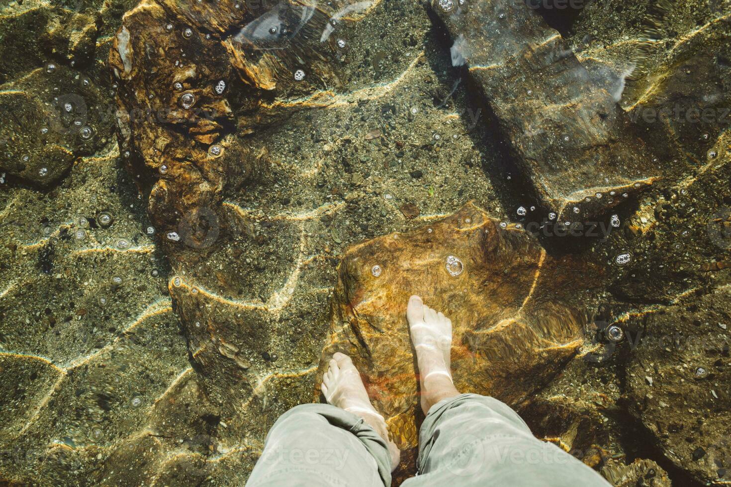 Refreshing foot bath after a challenging mountain hike in fresh mountain stream during the sunny day photo