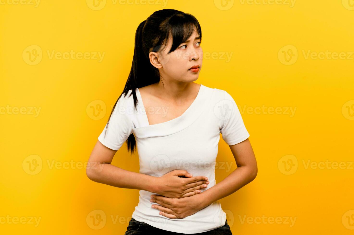 Severe abdominal pain, starvation, food poisoning, eating bad food, diarrhea, intestinal inflammation, unhealthy body. photo