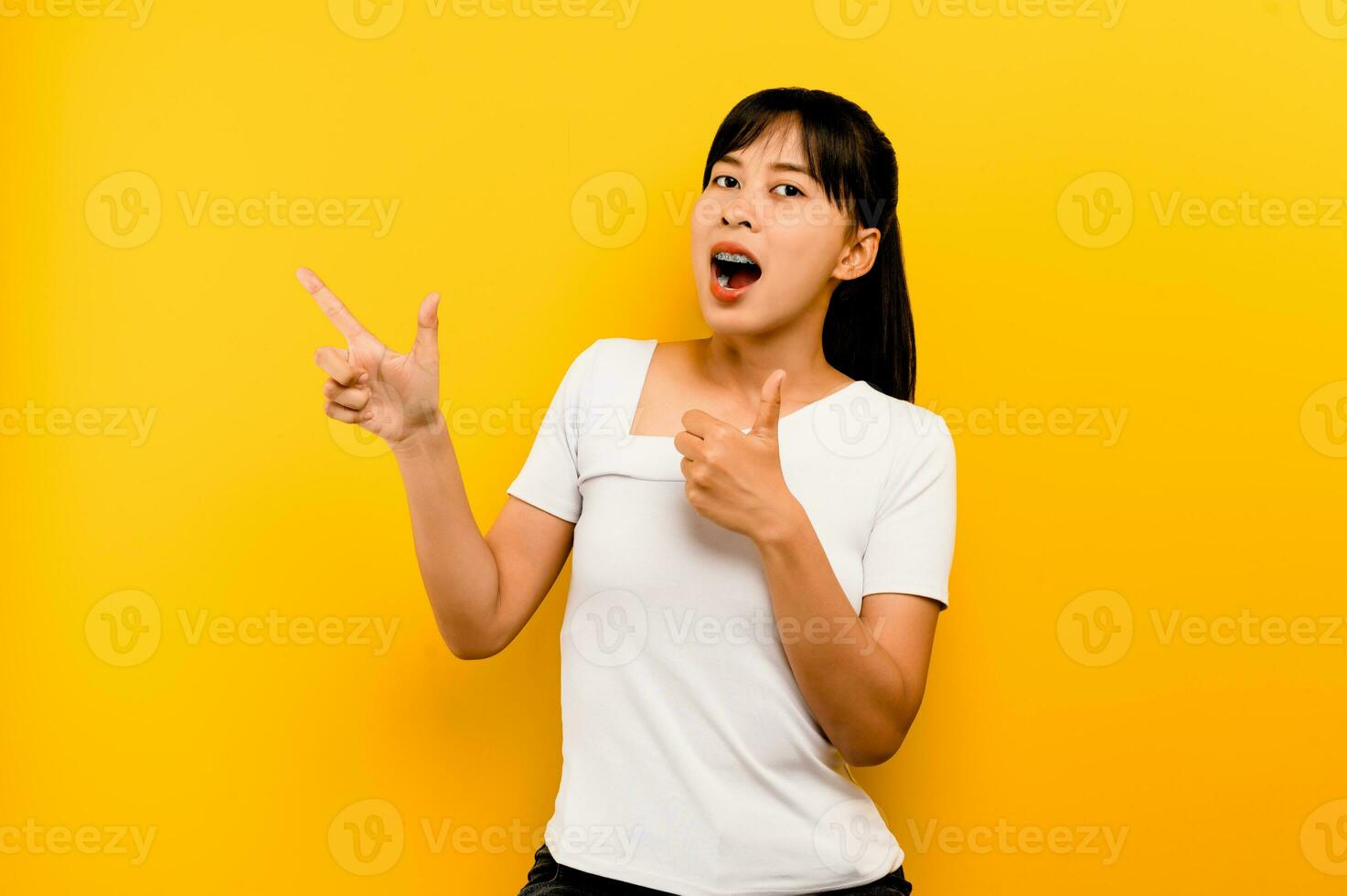 good idea, good idea, good brain smart woman looking far Thinking of good ideas in work and life planning photo