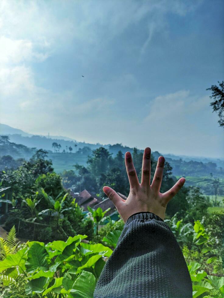 Hand of a woman catching something concept on a background of mountains, nature leaves, and blue sky. photo
