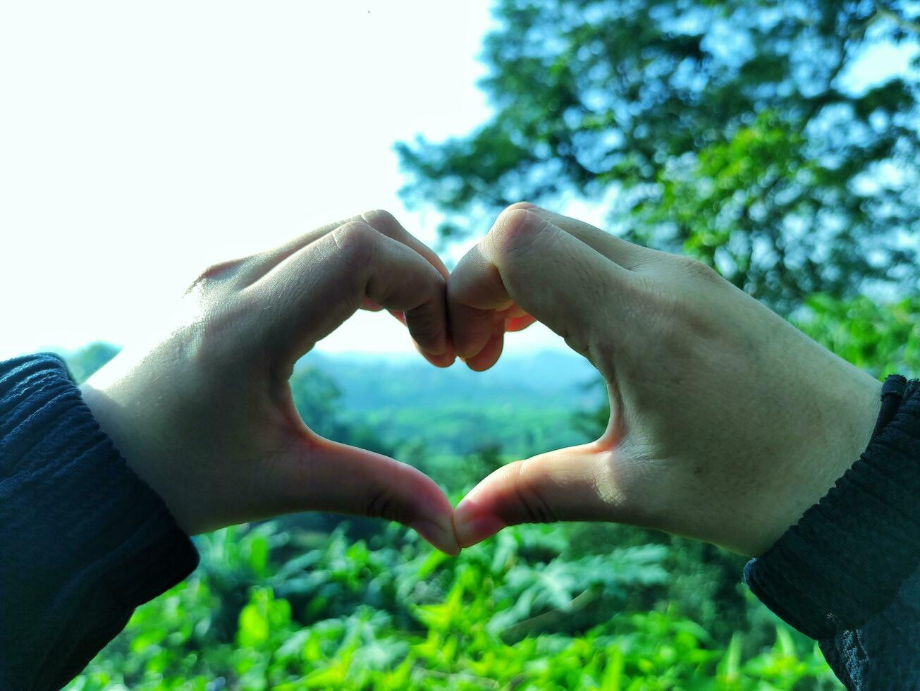 Hands of a woman in the shape of a heart with a finger and green nature background. A love concept with a sky background and space for text. Feelings and emotions concept. photo