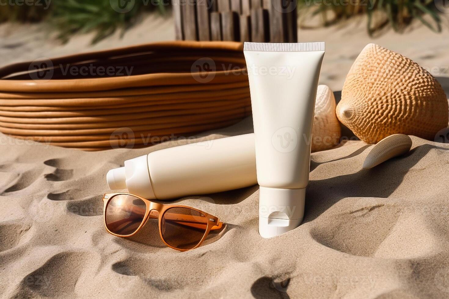 beach set for relaxation a tube of cream, sunglasses. photo