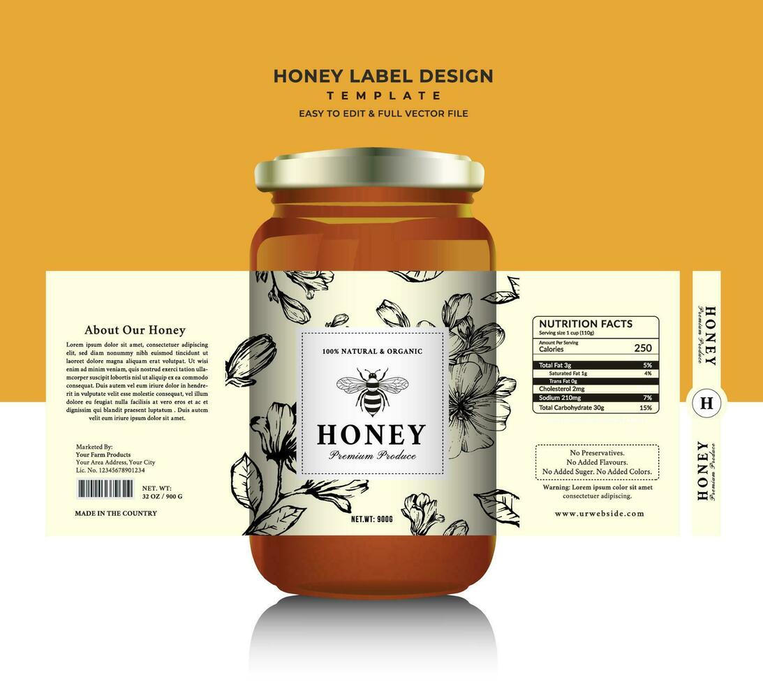 Honey label and honey design banner natural bee honey glass jar bottle sticker creative packaging idea yellow, white minimal clean design background healthy organic food product bee black label. vector