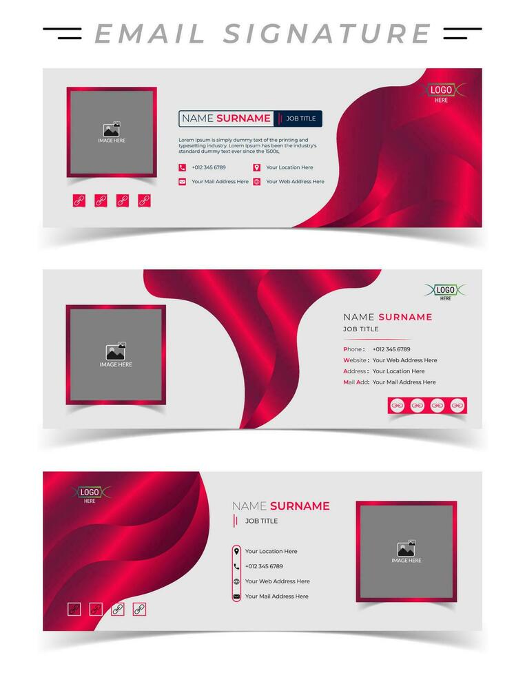 Corporate email signature template in white and red gradient color. vector