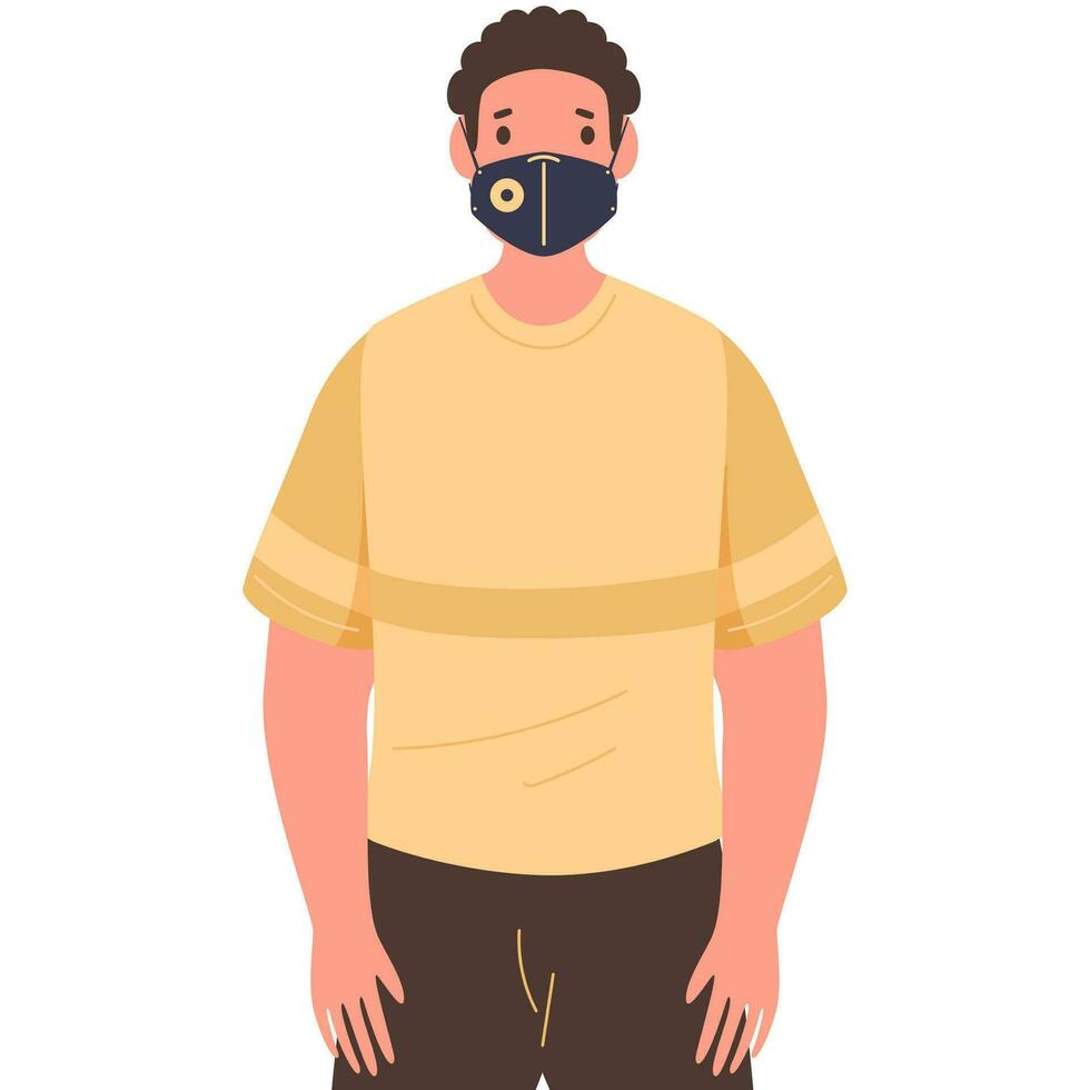 personaje de joven hombre vistiendo máscara a proteger desde enfermedades, gripe, aire contaminación. vector