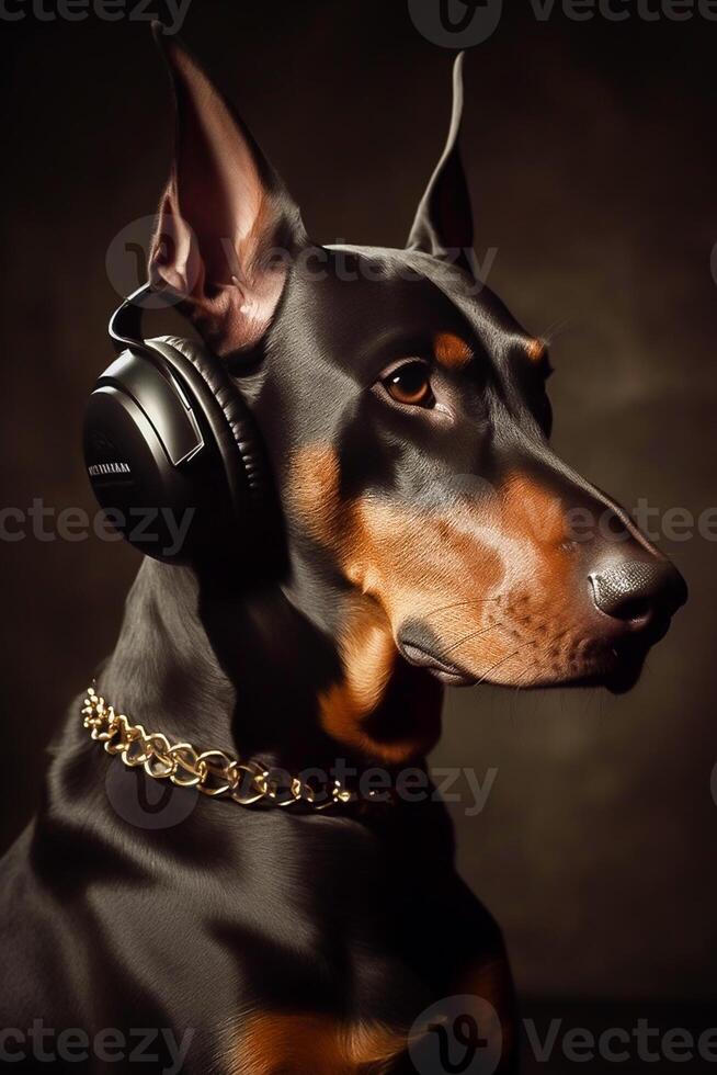 portrait of a serious doberman dog in clothes. photo