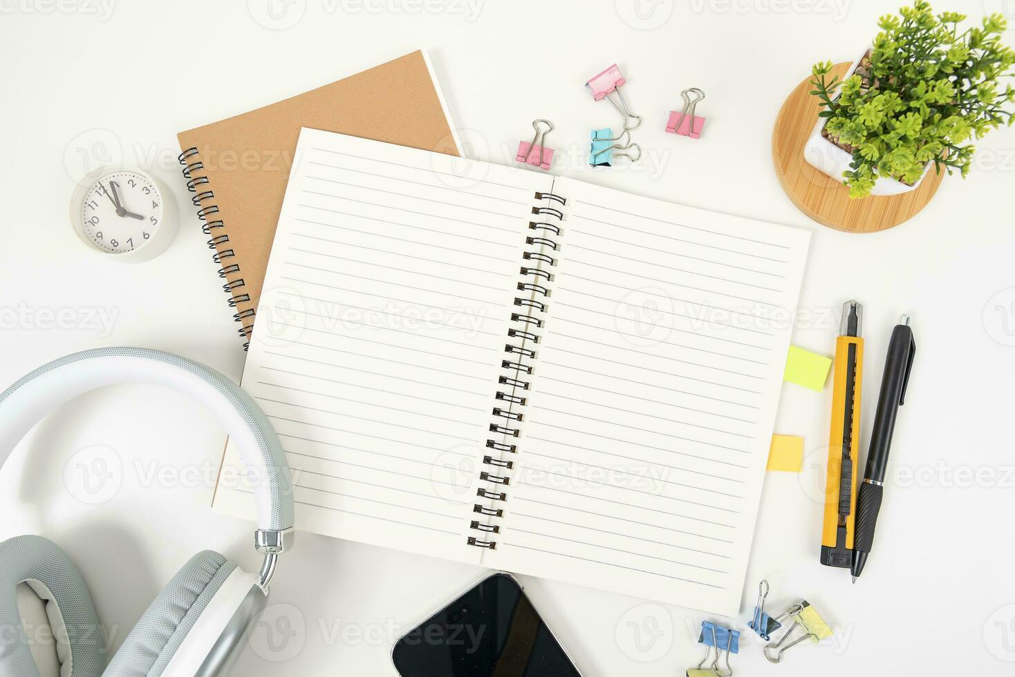 white office desk table Top view with copy space. Flat lay. photo