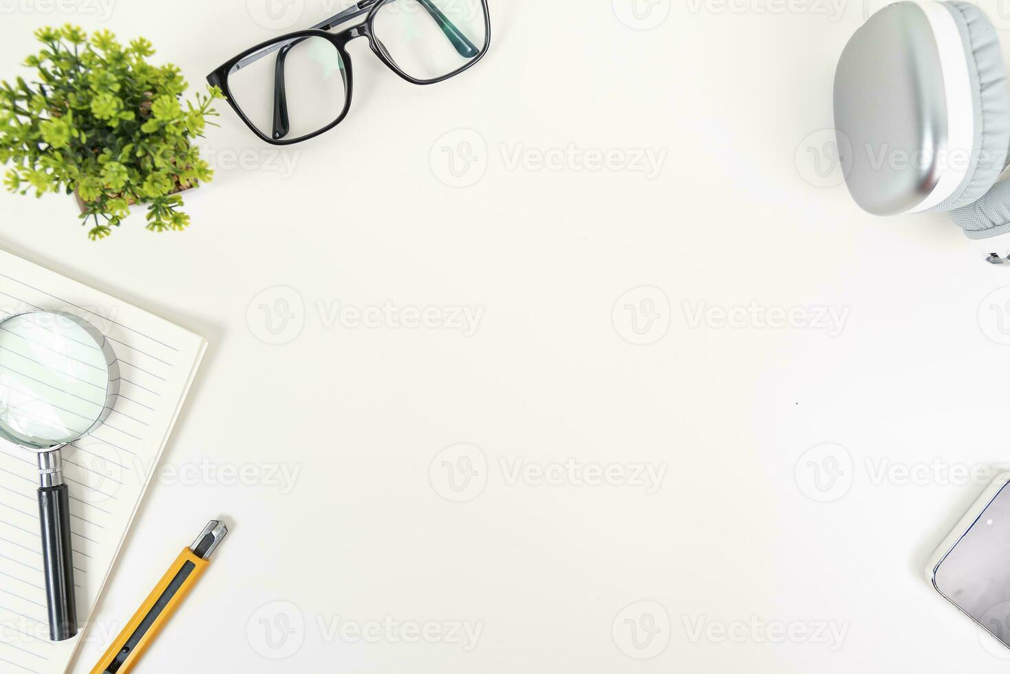 white office desk table Top view with copy space. Flat lay. photo