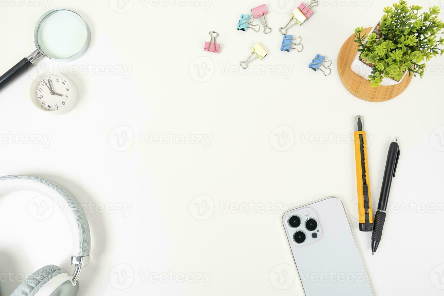 white office desk table Top view with copy space. Flat lay. photo