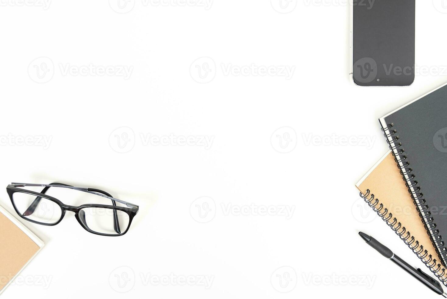 white office desk table Top view with copy space. Flat lay. photo