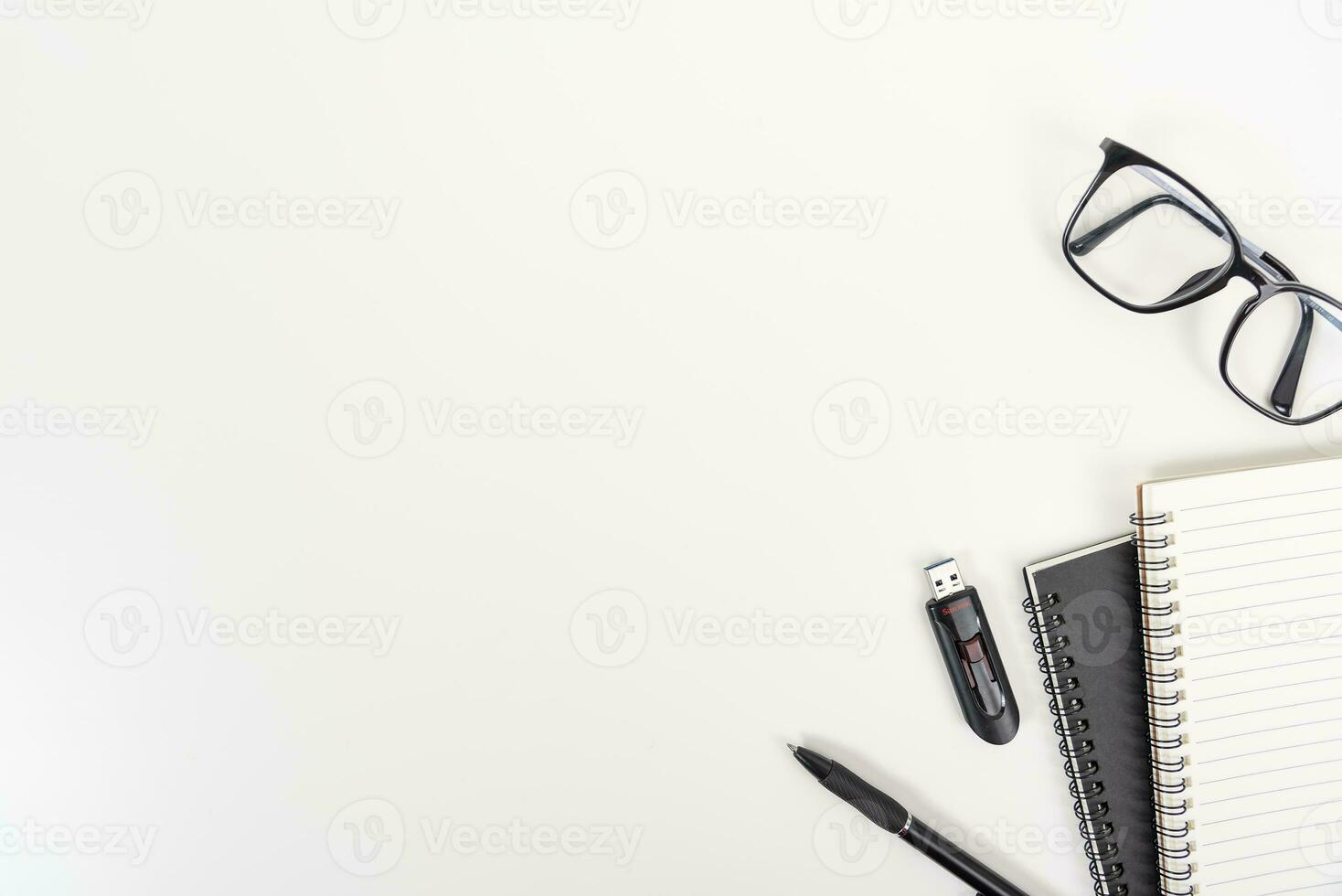 white office desk table Top view with copy space. Flat lay. photo