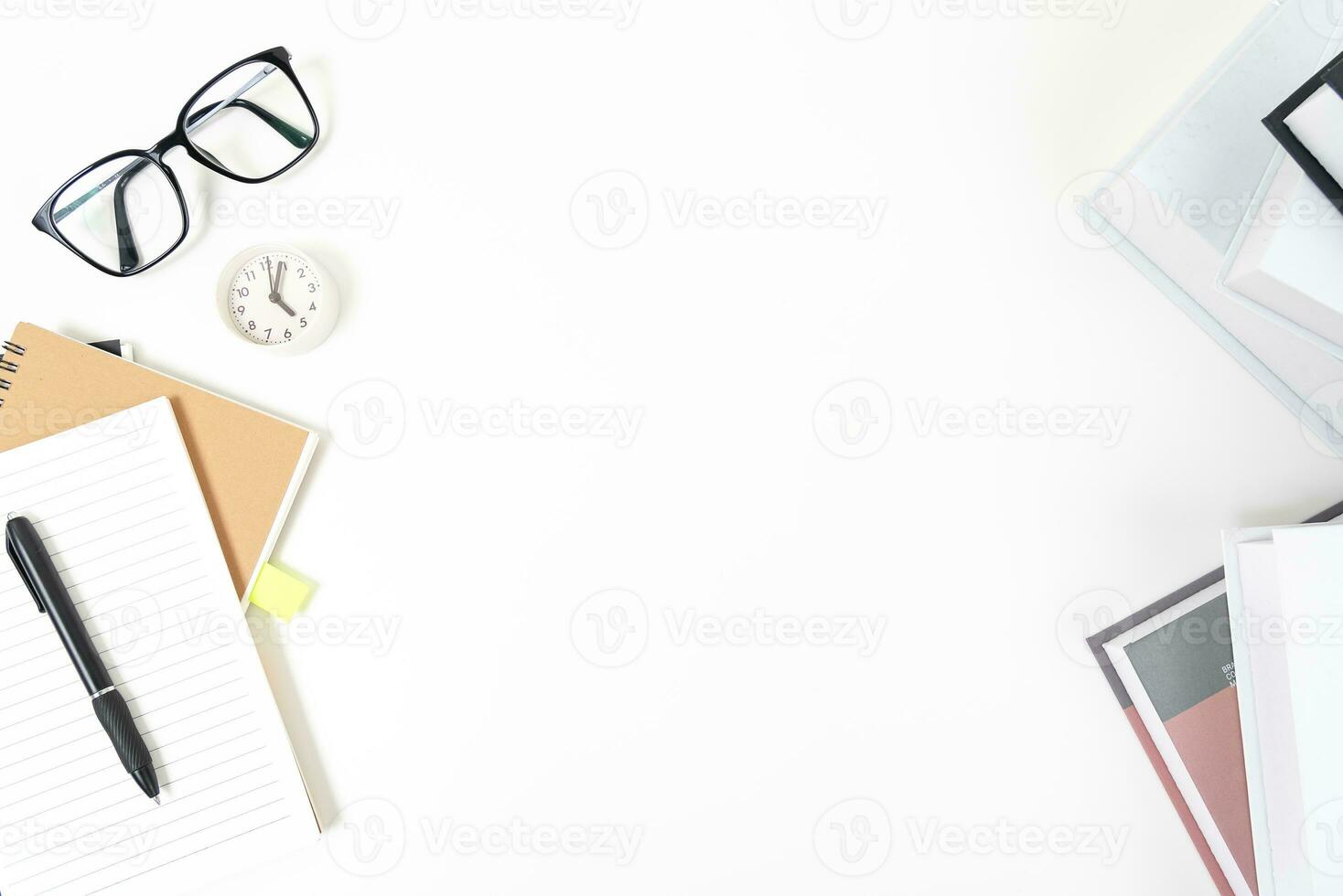 white office desk table Top view with copy space. Flat lay. photo