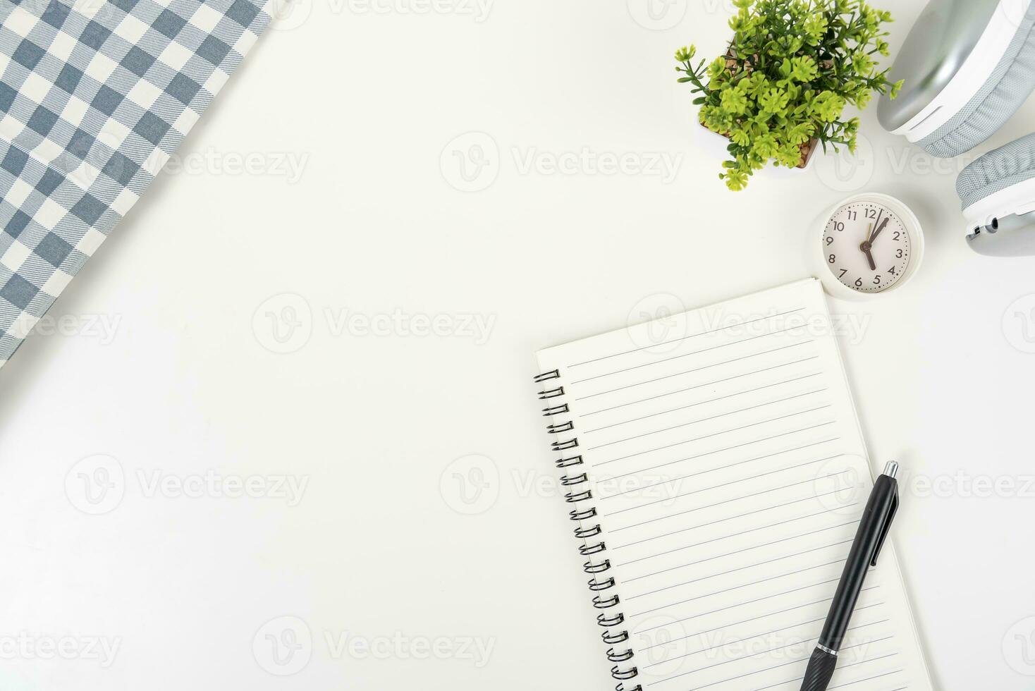 white office desk table Top view with copy space. Flat lay. photo