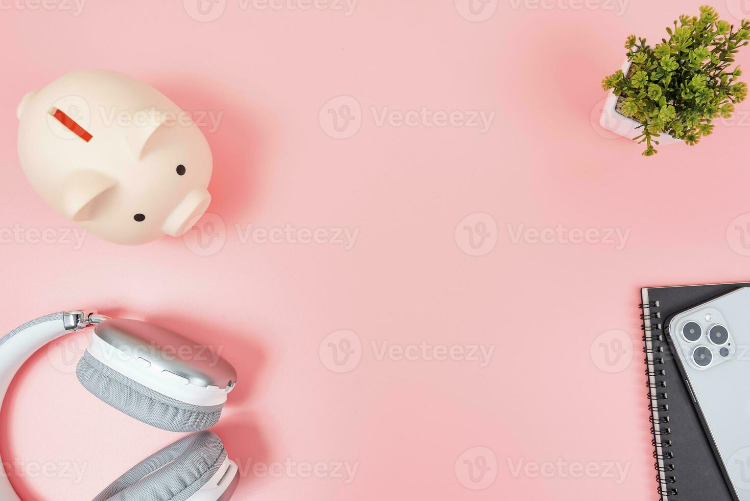 Pink office desk table Top view with copy space. Flat lay. photo