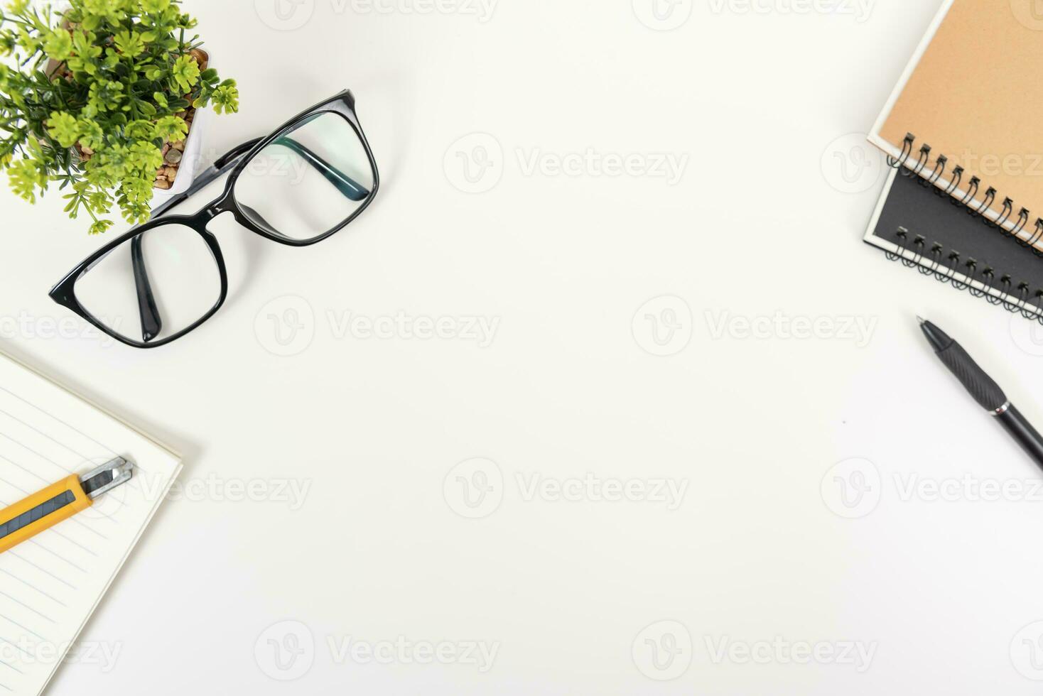 white office desk table Top view with copy space. Flat lay. photo
