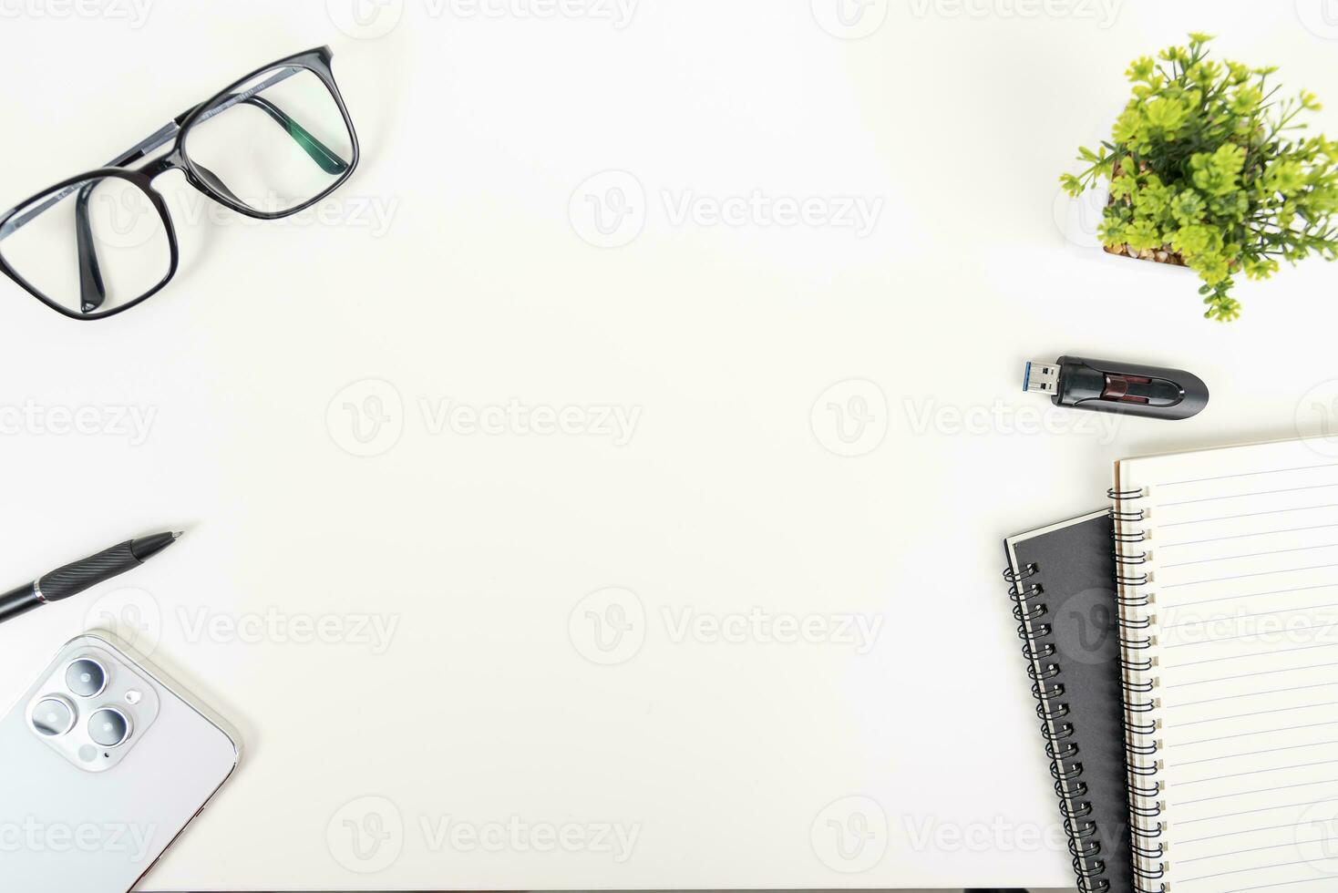 white office desk table Top view with copy space. Flat lay. photo