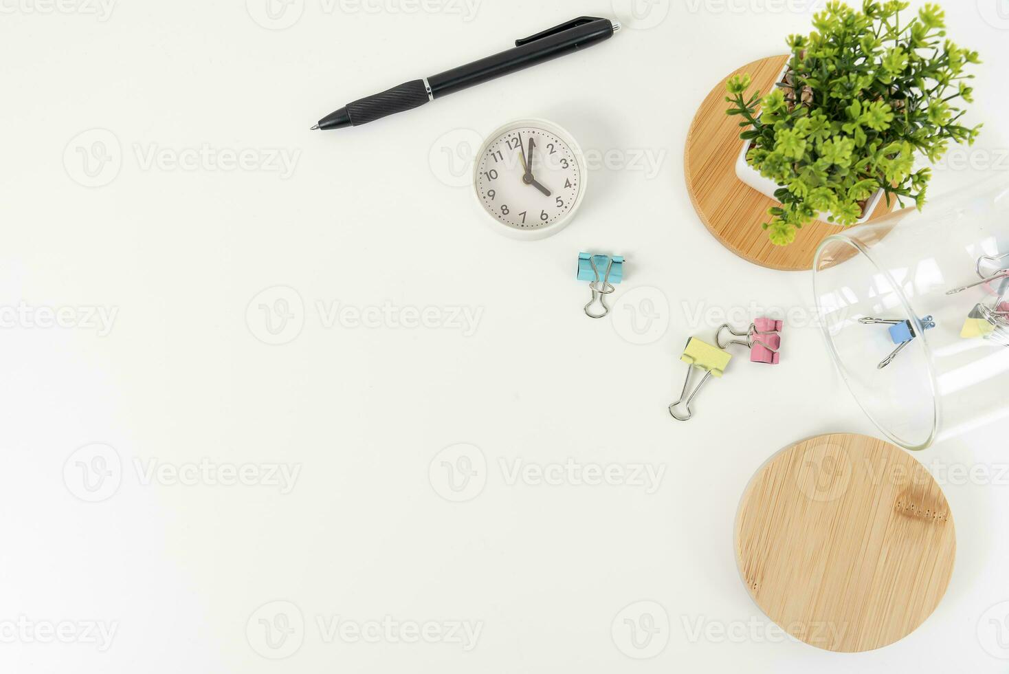 white office desk table Top view with copy space. Flat lay. photo