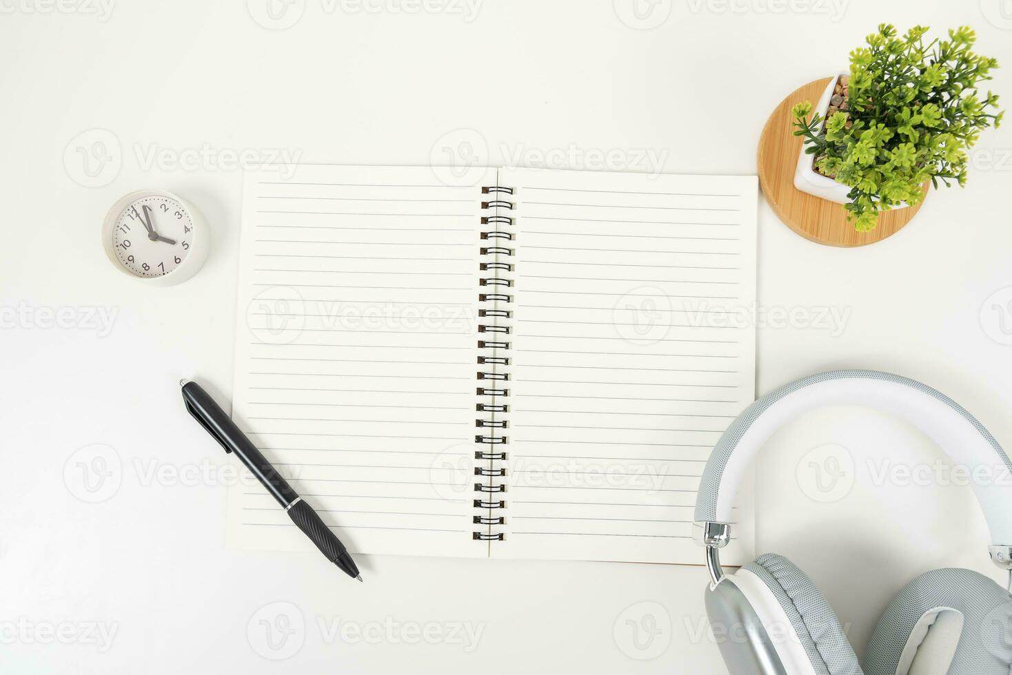 white office desk table Top view with copy space. Flat lay. photo