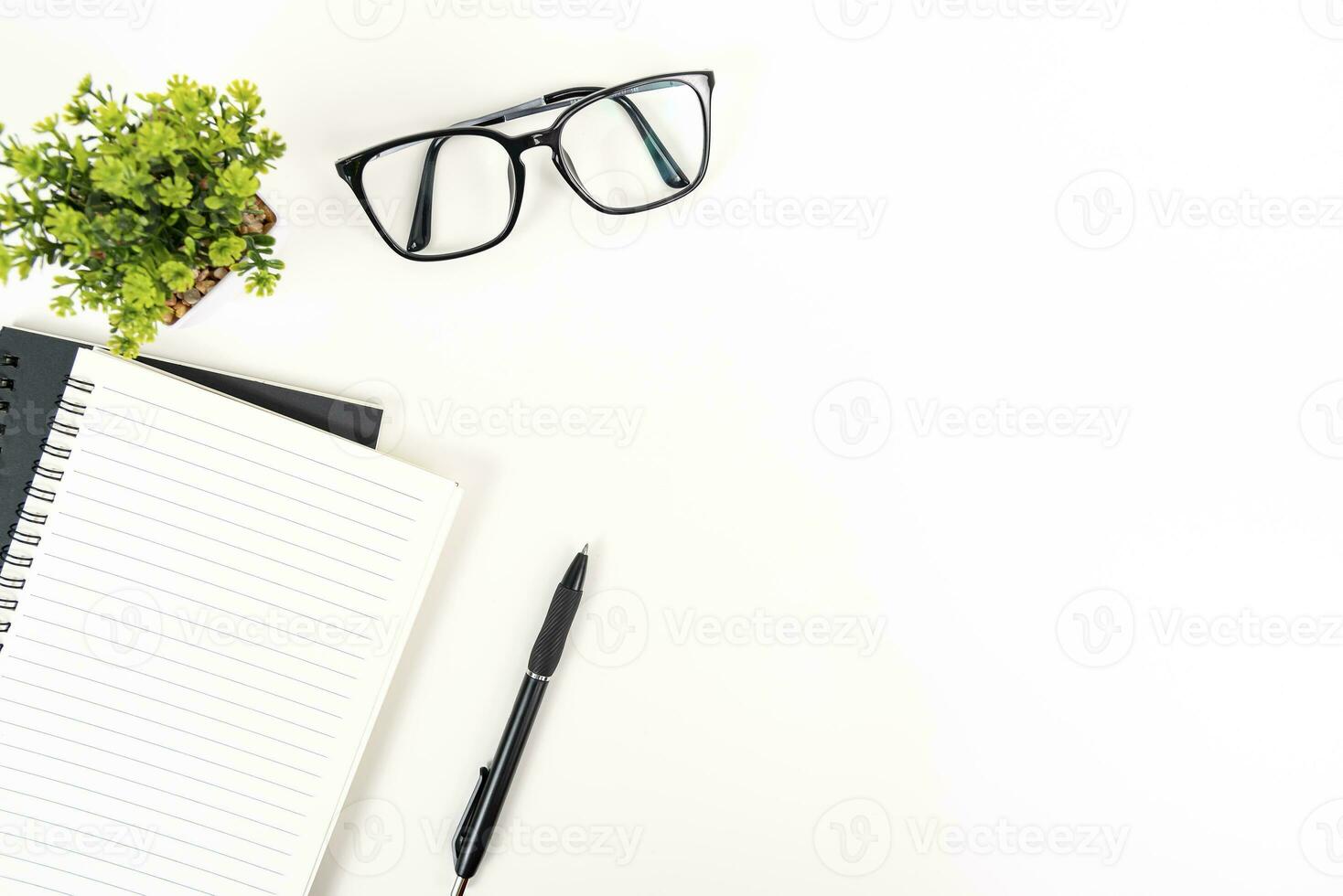 white office desk table Top view with copy space. Flat lay. photo