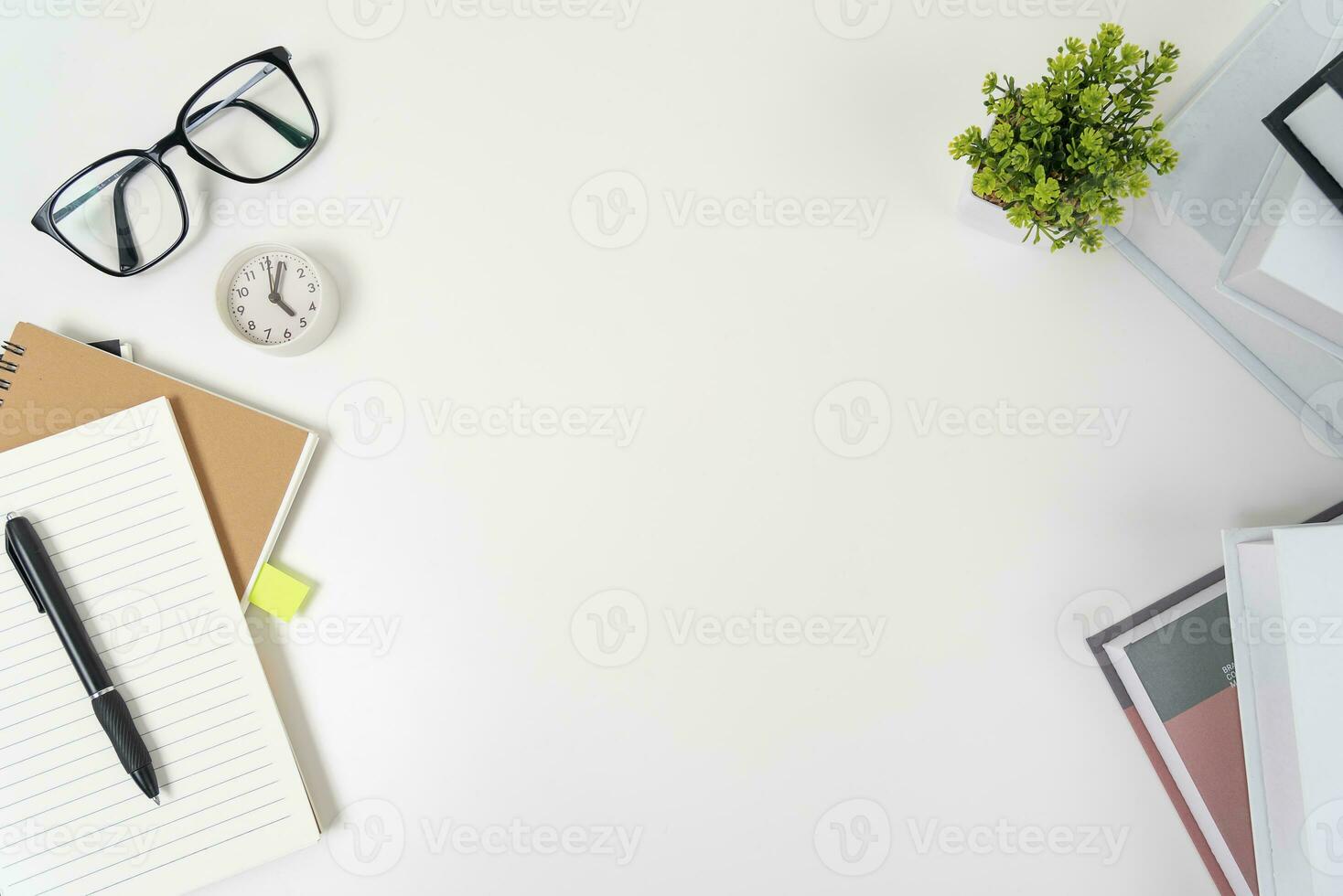 white office desk table Top view with copy space. Flat lay. photo