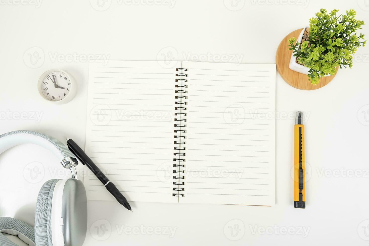 white office desk table Top view with copy space. Flat lay. photo