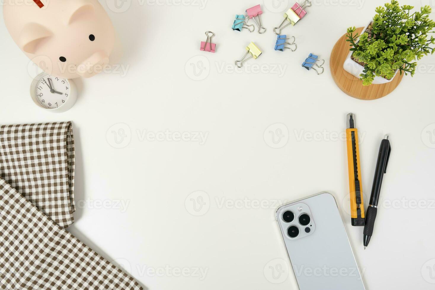 white office desk table Top view with copy space. Flat lay. photo