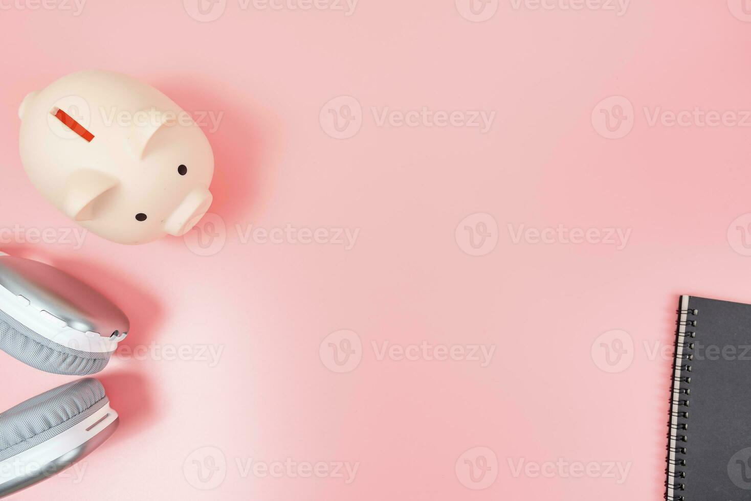 Pink office desk table Top view with copy space. Flat lay. photo