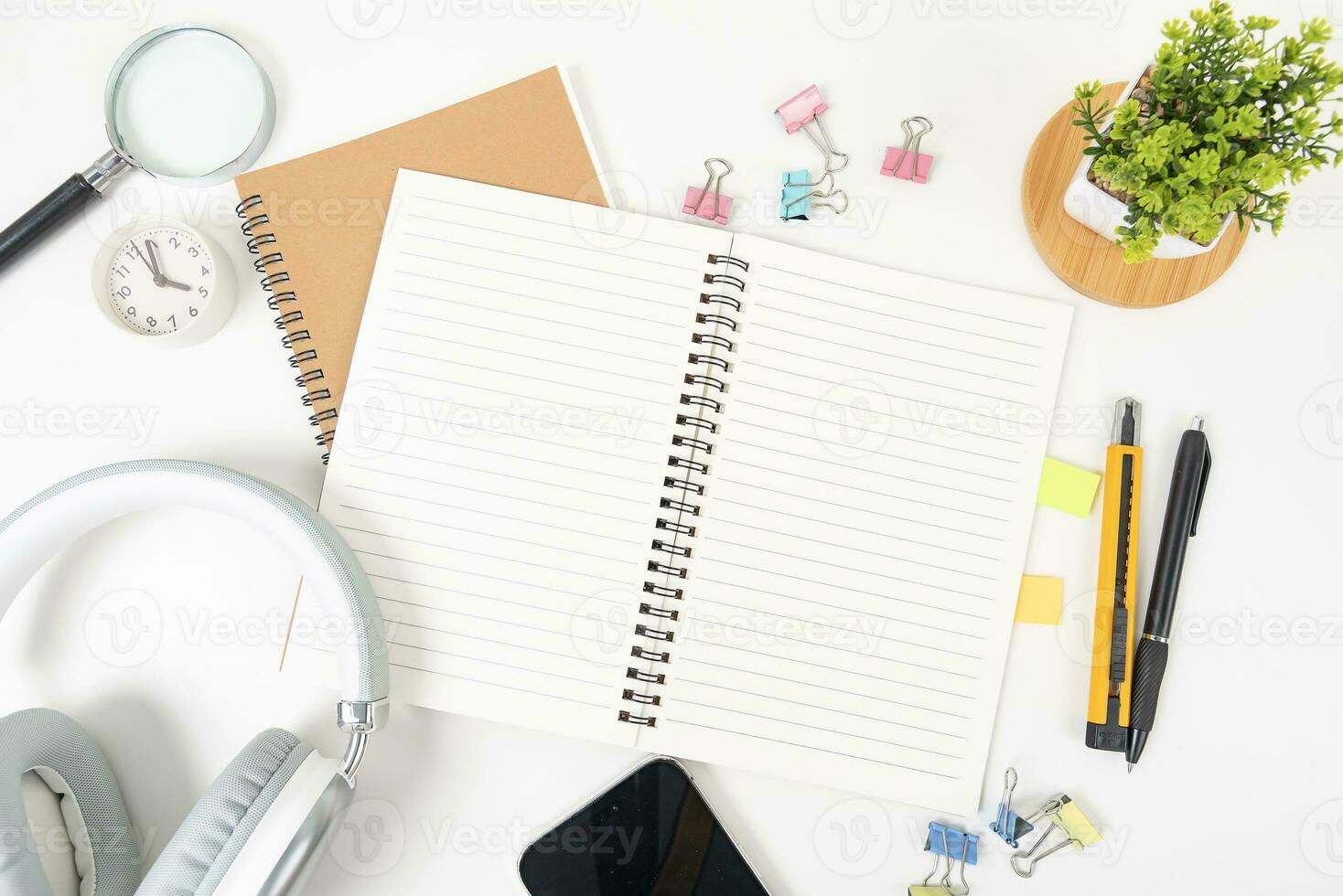 white office desk table Top view with copy space. Flat lay. photo