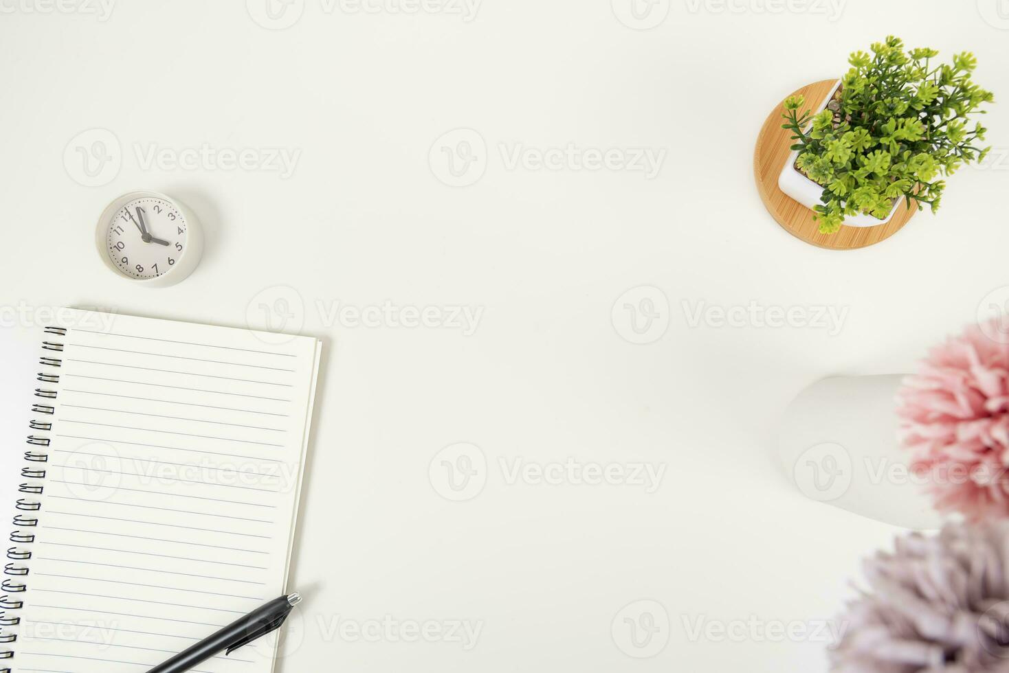 white office desk table Top view with copy space. Flat lay. photo