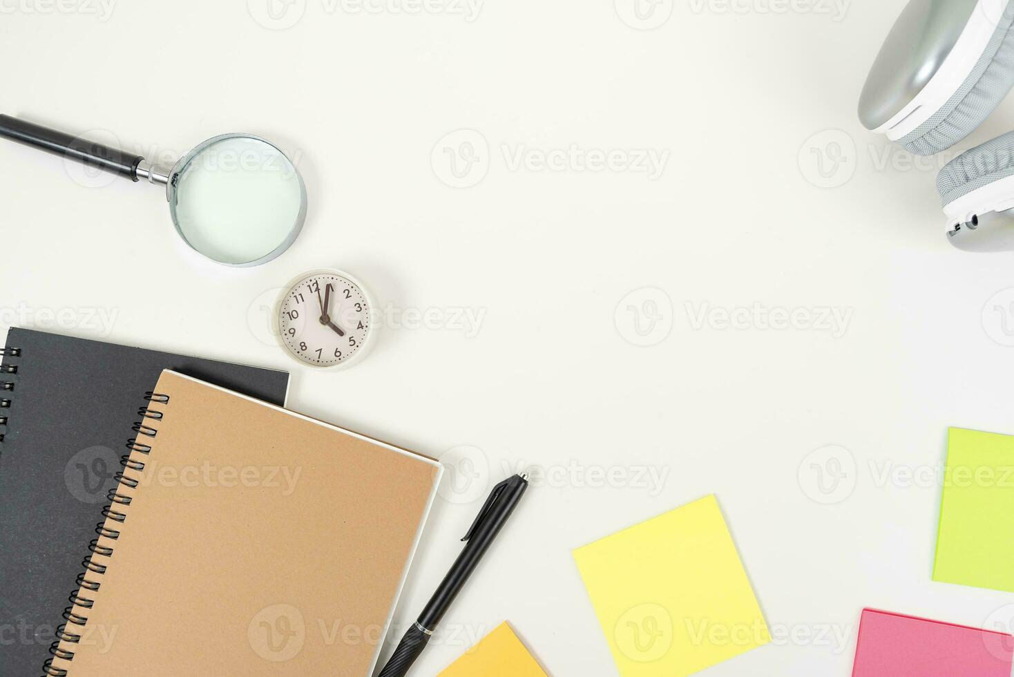 white office desk table Top view with copy space. Flat lay. photo
