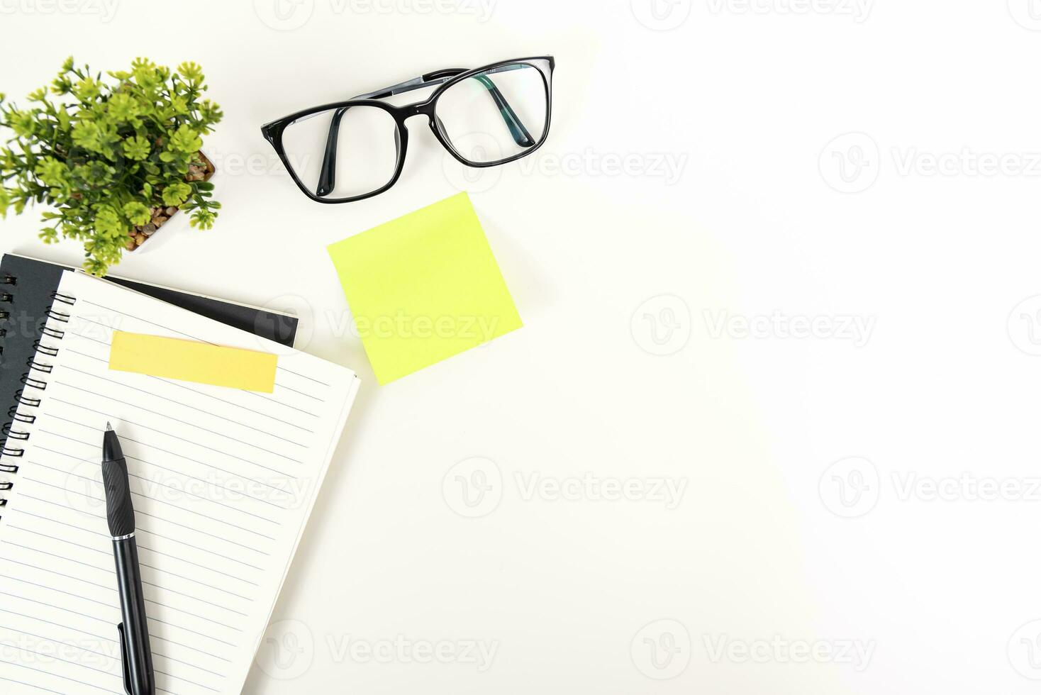 white office desk table Top view with copy space. Flat lay. photo
