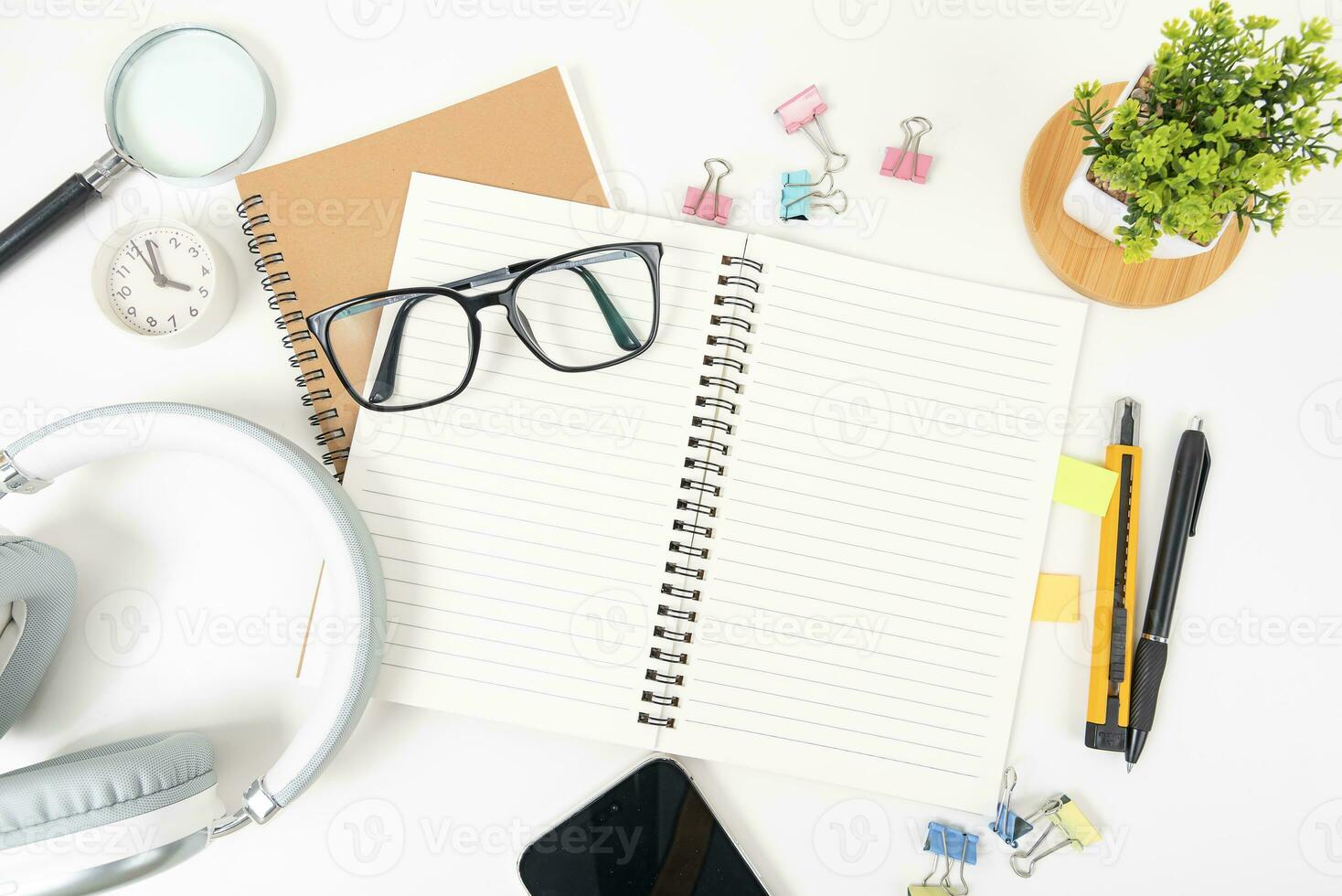 white office desk table Top view with copy space. Flat lay. photo