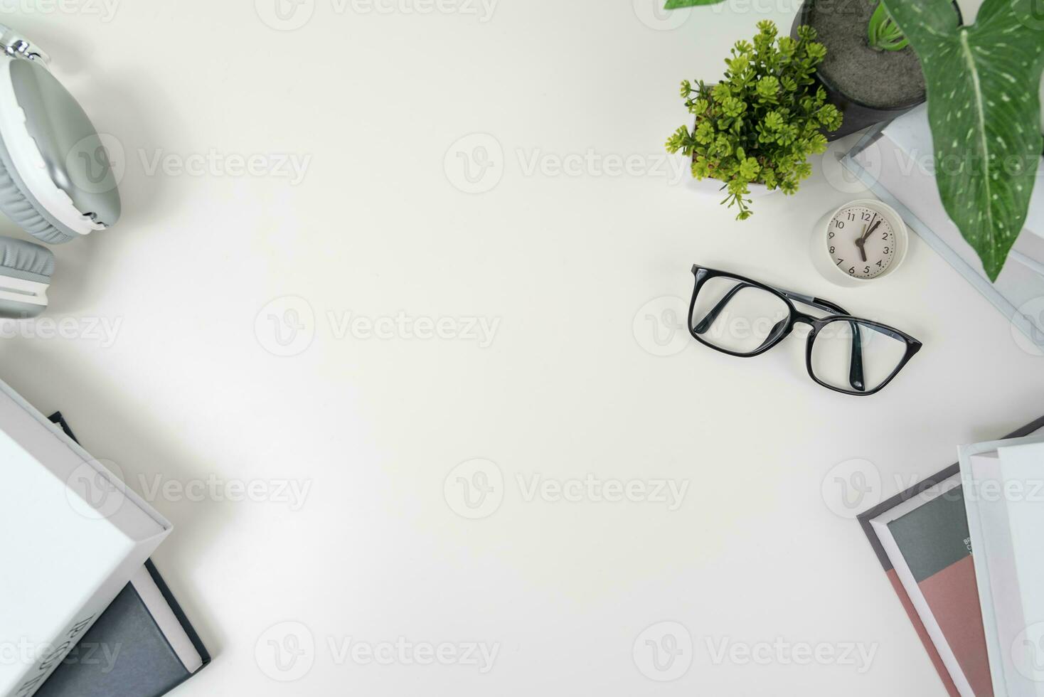 white office desk table Top view with copy space. Flat lay. photo