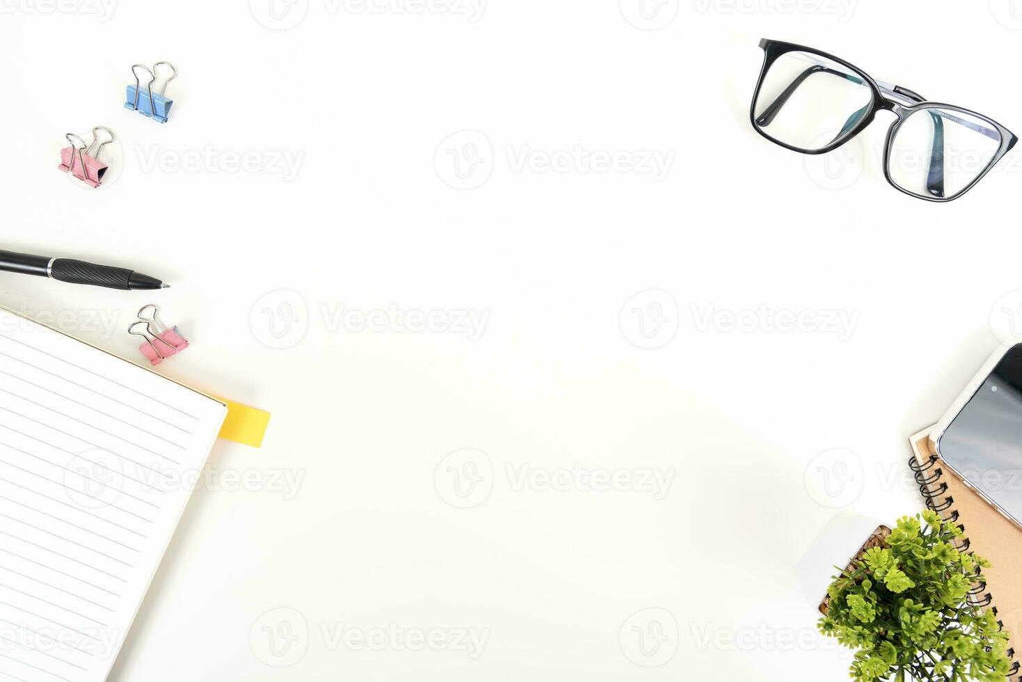 white office desk table Top view with copy space. Flat lay. photo