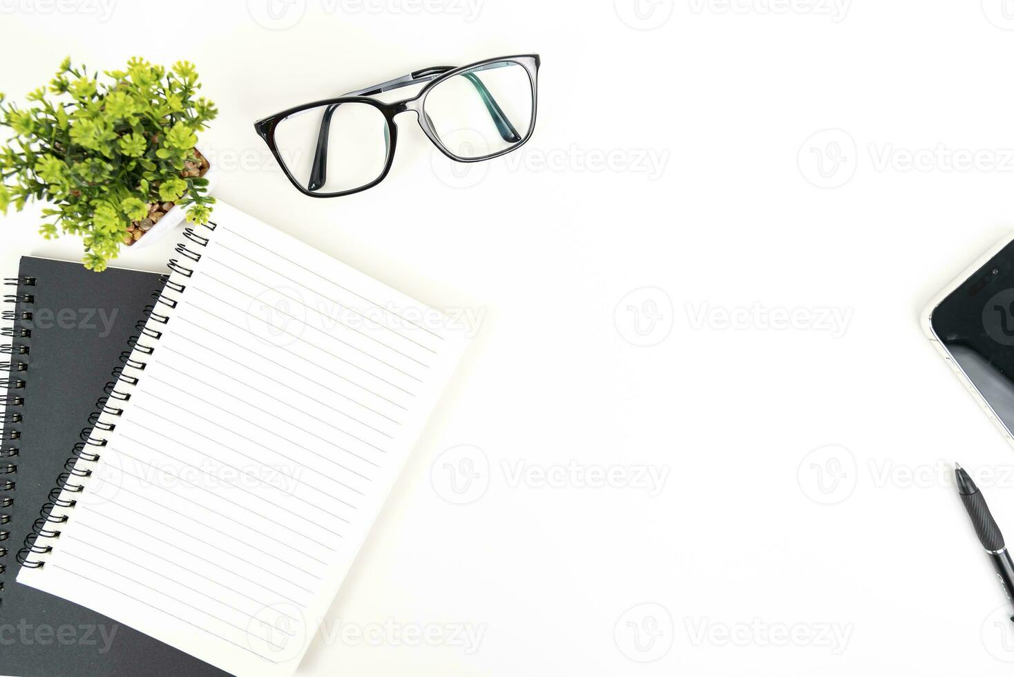white office desk table Top view with copy space. Flat lay. photo