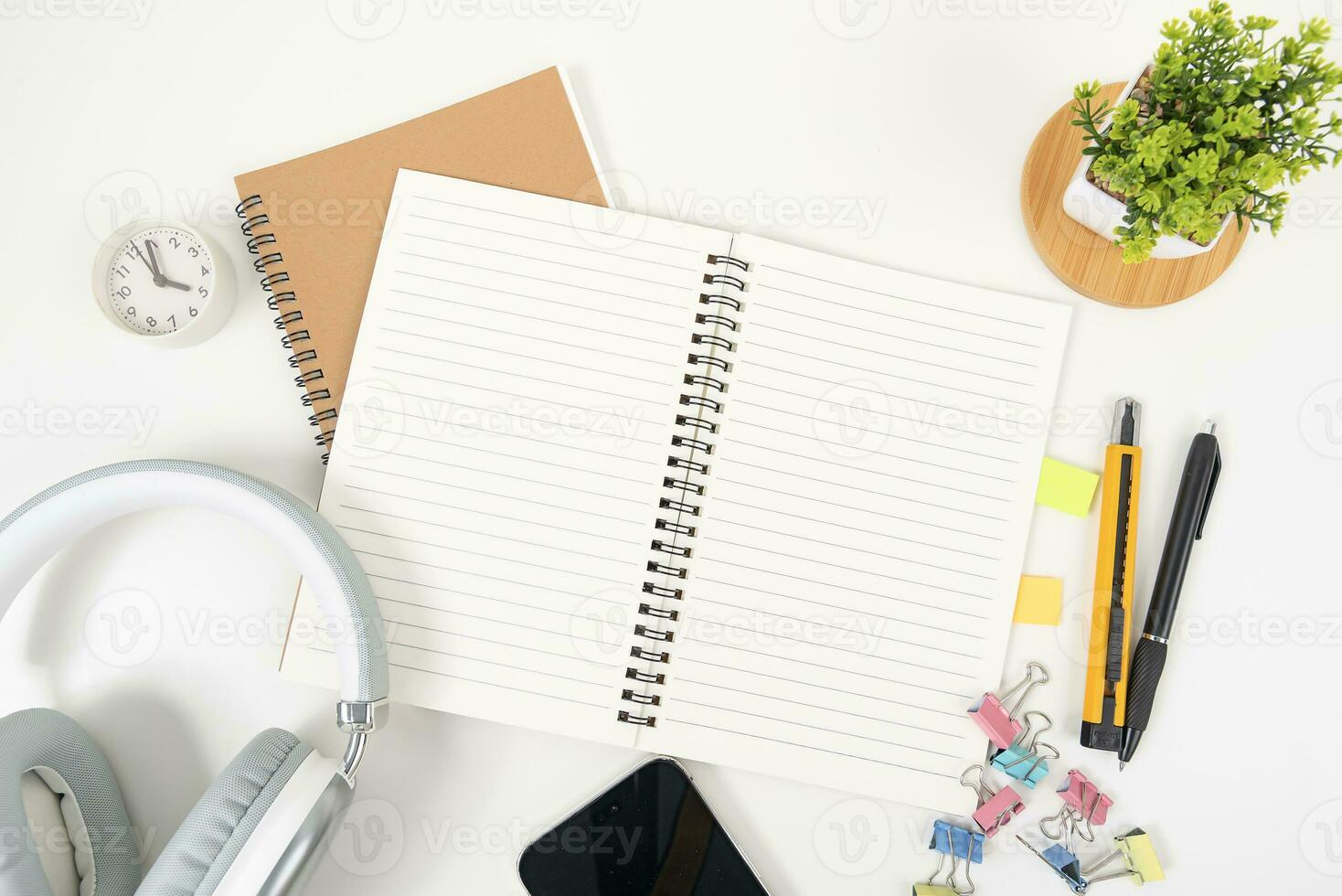 white office desk table Top view with copy space. Flat lay. photo