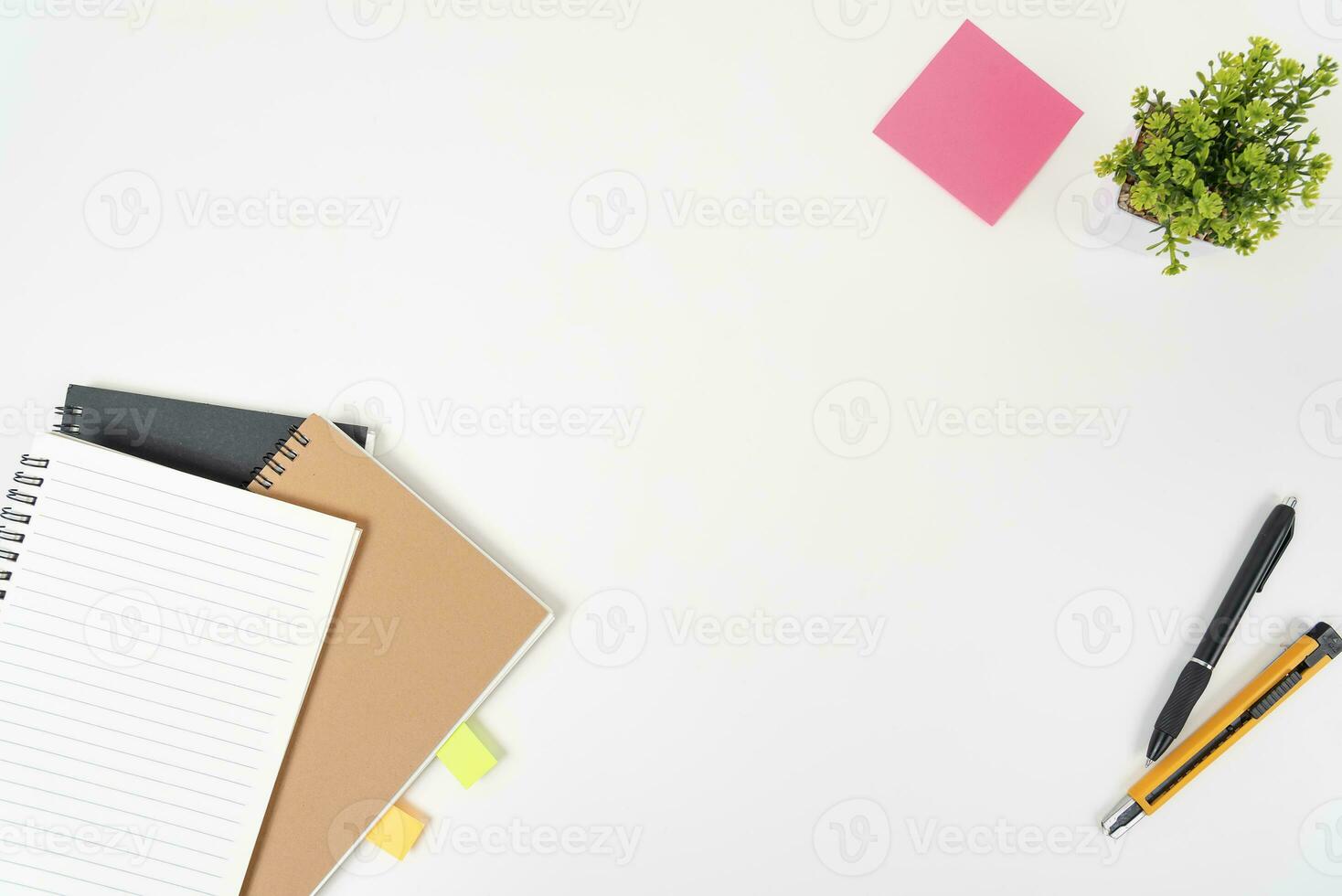 white office desk table Top view with copy space. Flat lay. photo