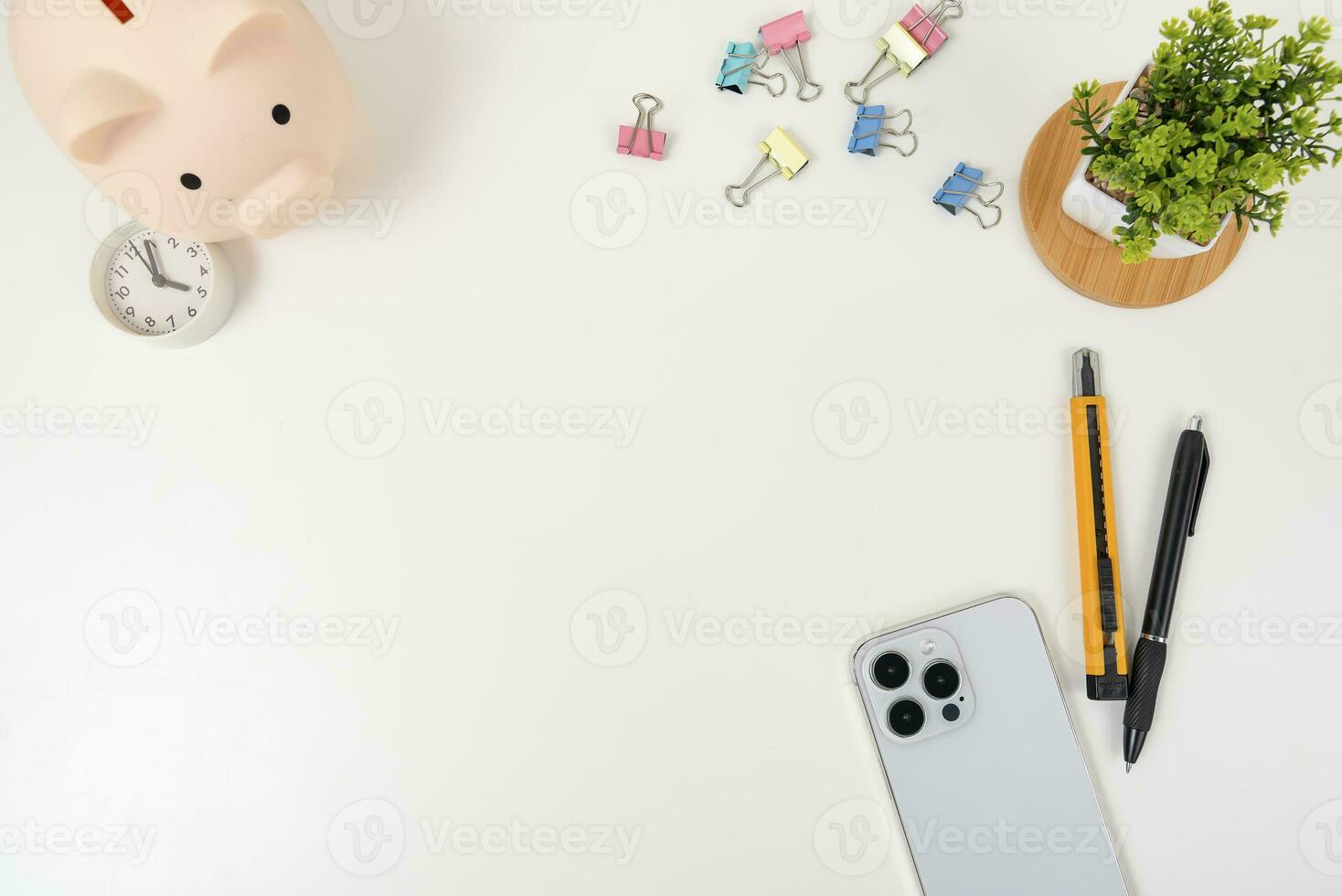 white office desk table Top view with copy space. Flat lay. photo