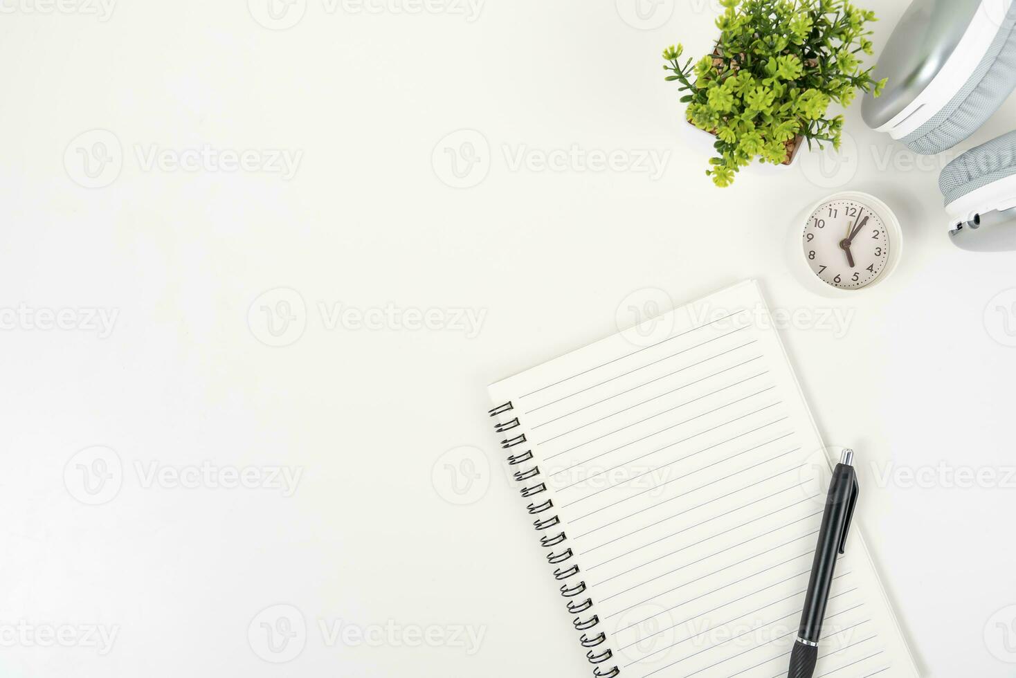 white office desk table Top view with copy space. Flat lay. photo
