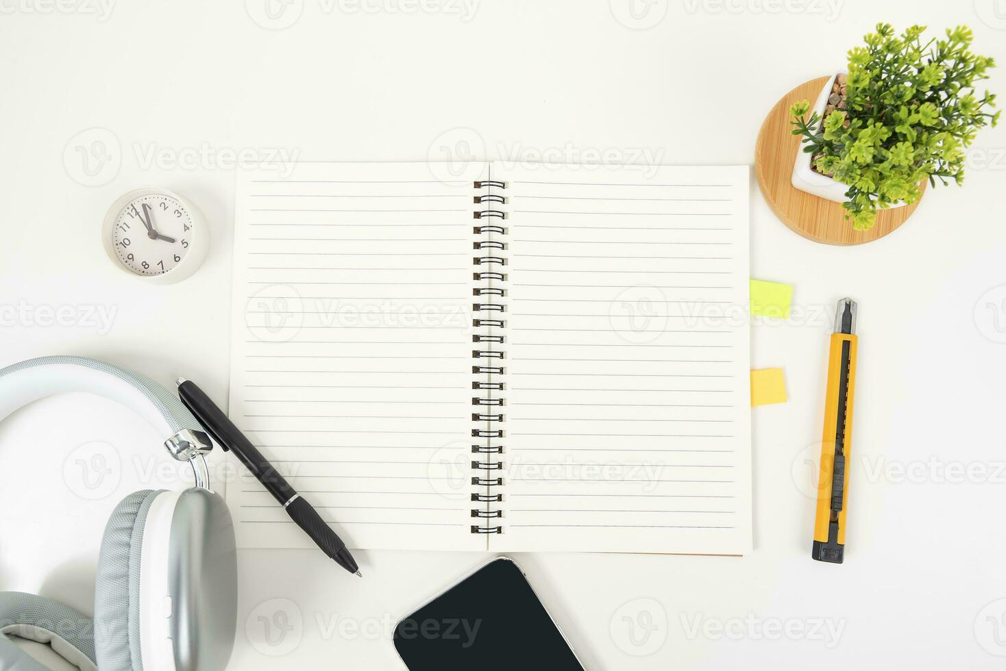 white office desk table Top view with copy space. Flat lay. photo