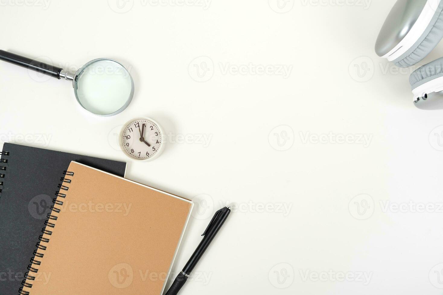 white office desk table Top view with copy space. Flat lay. photo