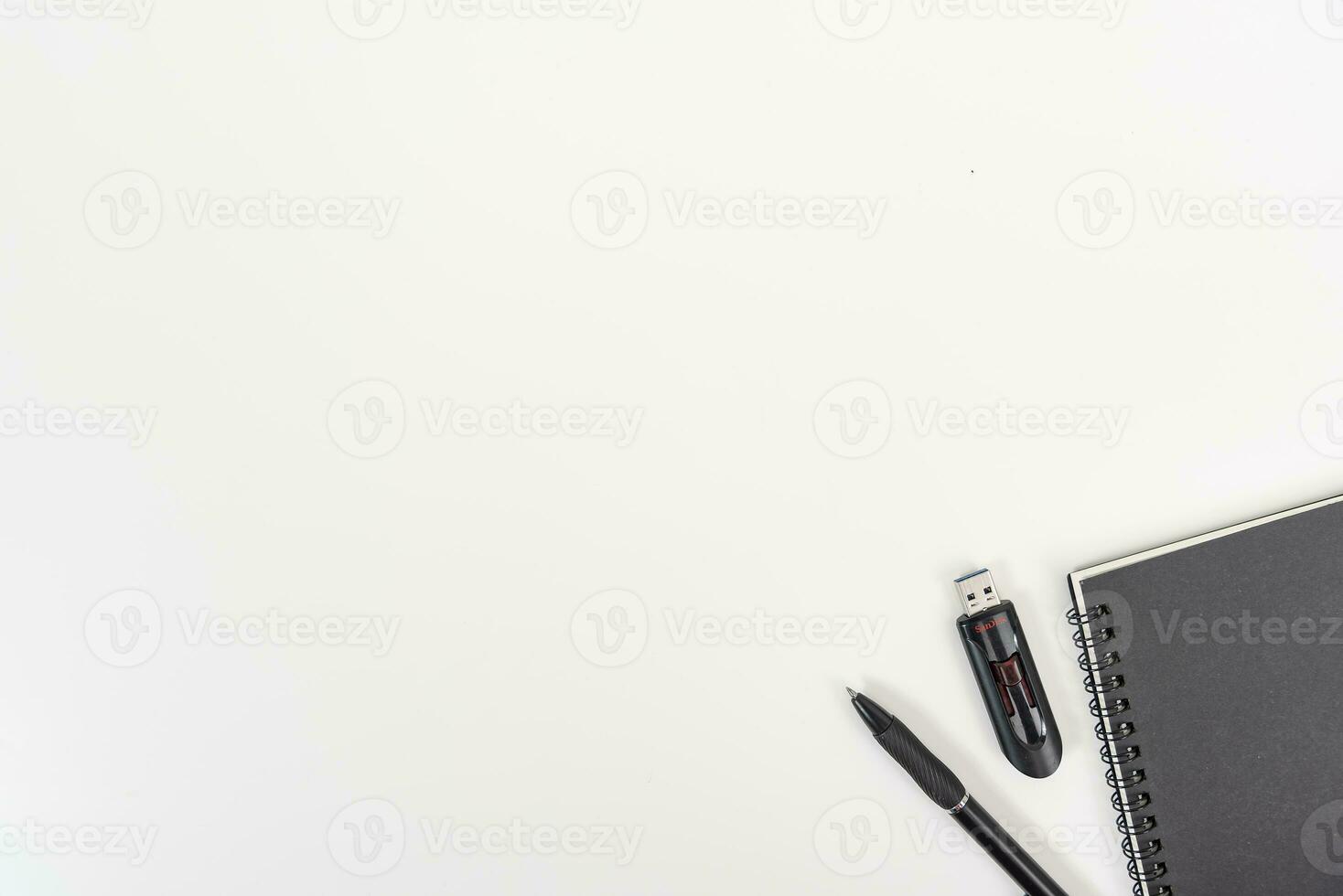 white office desk table Top view with copy space. Flat lay. photo