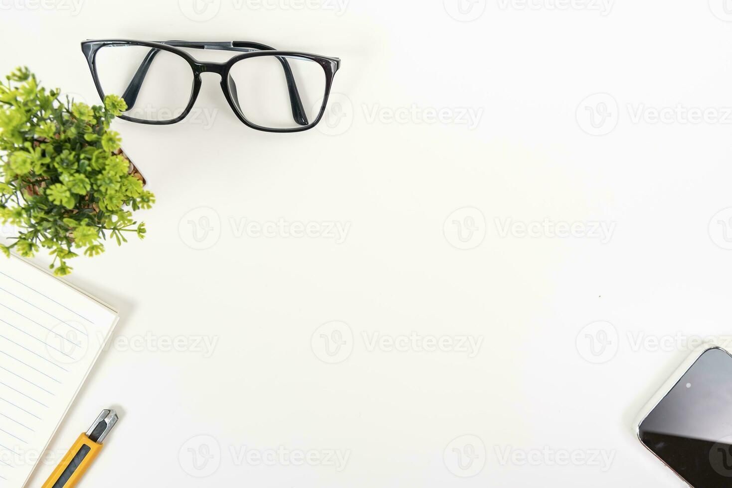 white office desk table Top view with copy space. Flat lay. photo